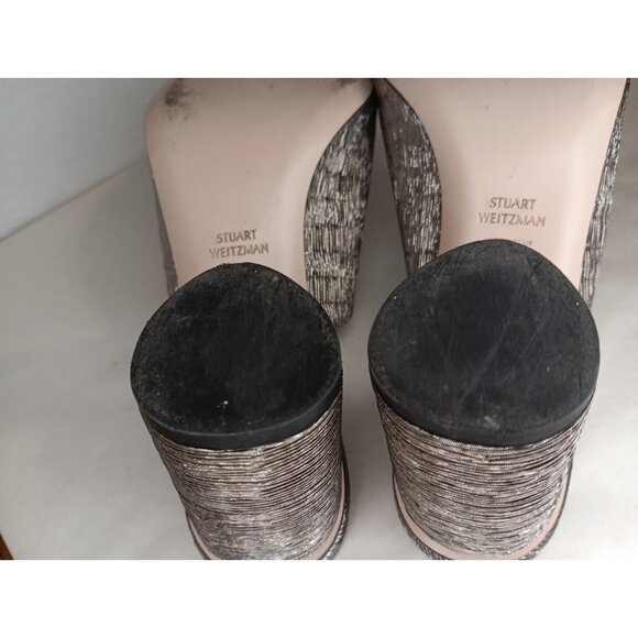 Stuart Weitzman Theone Women's 8.5 M Metallic Pewter Shoes Slip On Dress Heels - Picture 7 of 9